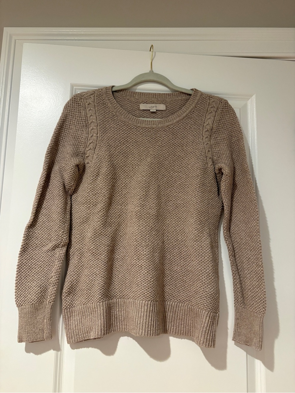 LOFT Women’s Beige Taupe Cable-Trim Crewneck Sweater
